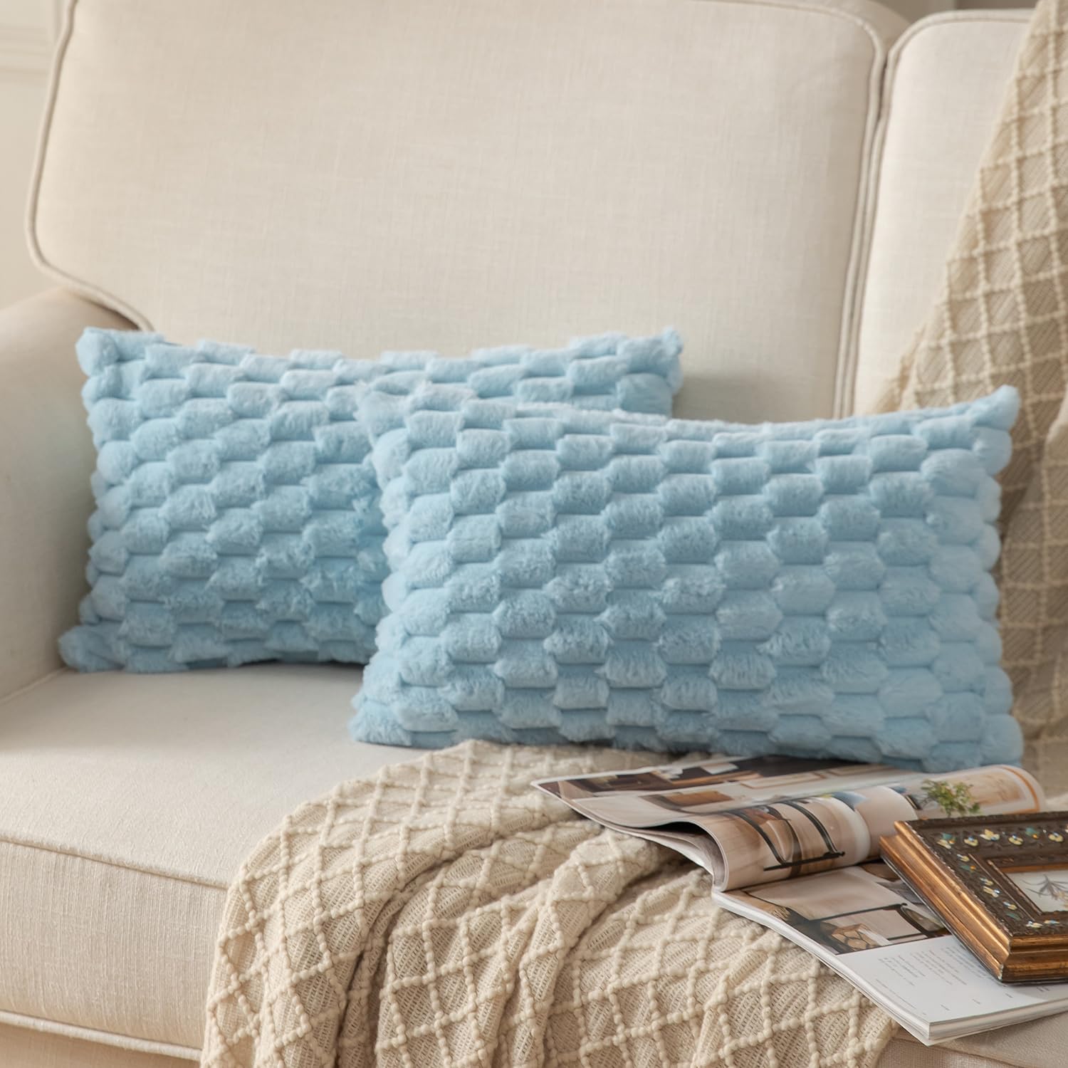 Mandioo Pack of 2 Light Blue Super Soft Plush Decorative Cushion Covers 12x20 inch 30x50 cm Wool Velvet Throw Pillow Covers cases Faux Fur fluffy Couch Sofa Bed Livingroom
