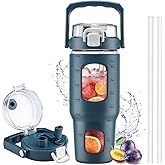 BLUEGO 32oz Glass Tumbler with Lid and Handle, Iced Coffee Cup with Straws, Glass Water Bottle with Silicone Sleeve and Volume, Marker Glass Cup with Time Marking, BPA Free, Dark Blue