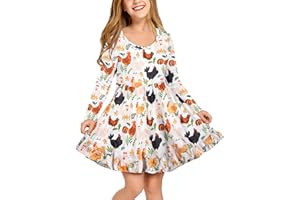 SUPEYA Thanksgiving Dress Girls Funny Farm Chicken Graphic Sundress Loose Casual Long Sleeve Ruffle Dresses