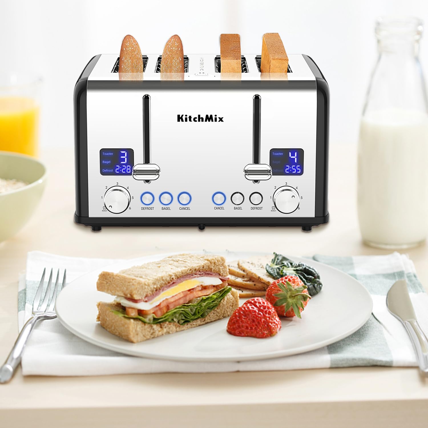 Tostadora de 4 rebanadas, Tostadora KitchMix Bagel de acero inoxidable con temporizador LCD, ranuras extra anchas, pantalla doble, bandeja para migas extraíble (negro)