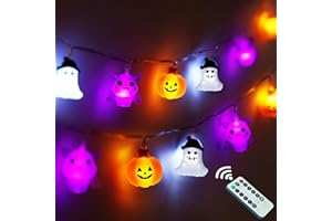 ONBUWWS Halloween String Lights Decorations, 16.4 FT 30 LED Pumpkin Bat Ghost Spooky Battery Operated Cute Orange and Purple Cozy Remote Timer 8 Lighting Mode Twinkle Window Bedroom Porch Indoor Outdoor Decor