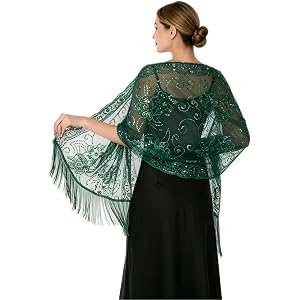 YIJODM Women's Sequin Lace Fringe Shawl Wrap for Wedding Evening Party | Sequin floral embroidery, soft mesh fabric, fringe t