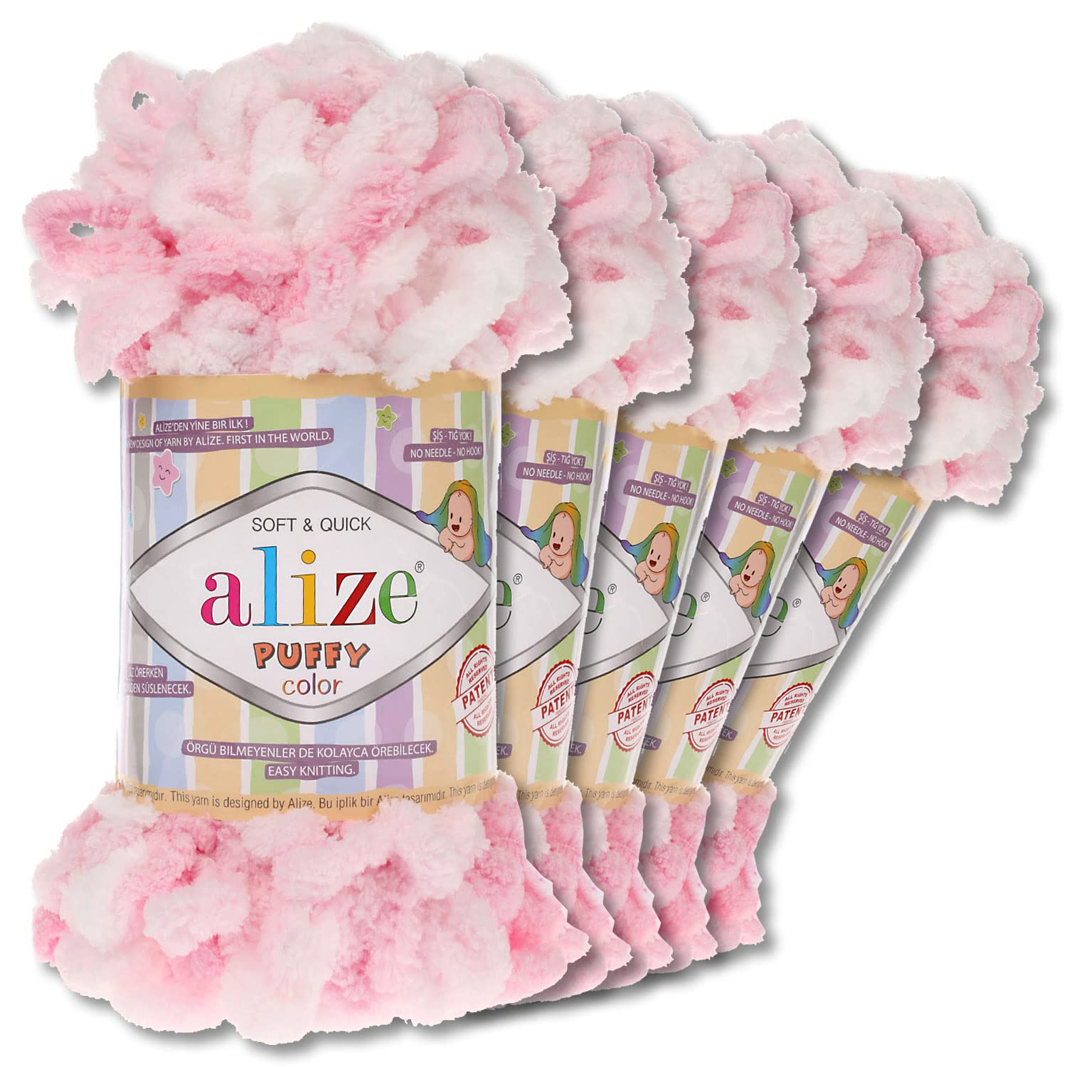 Wohnkult Alize Puffy Colour Premium Wool 5 x 100 g 26 Colour Combinations Chenille Handmade Knitting and Crochet without Tools Smart Yarn (5863)