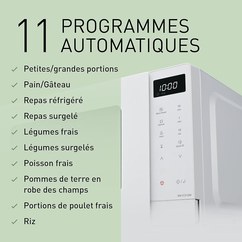 NN-ST21QWEPG Four Micro-Ondes Solo 20L avec Plateau en Verre, 800W, Décongélation Automatique, 11 Programmes Automatiques, Affichage LED, 5 Niveaux de Puissance, Minuterie Numérique, Blanc