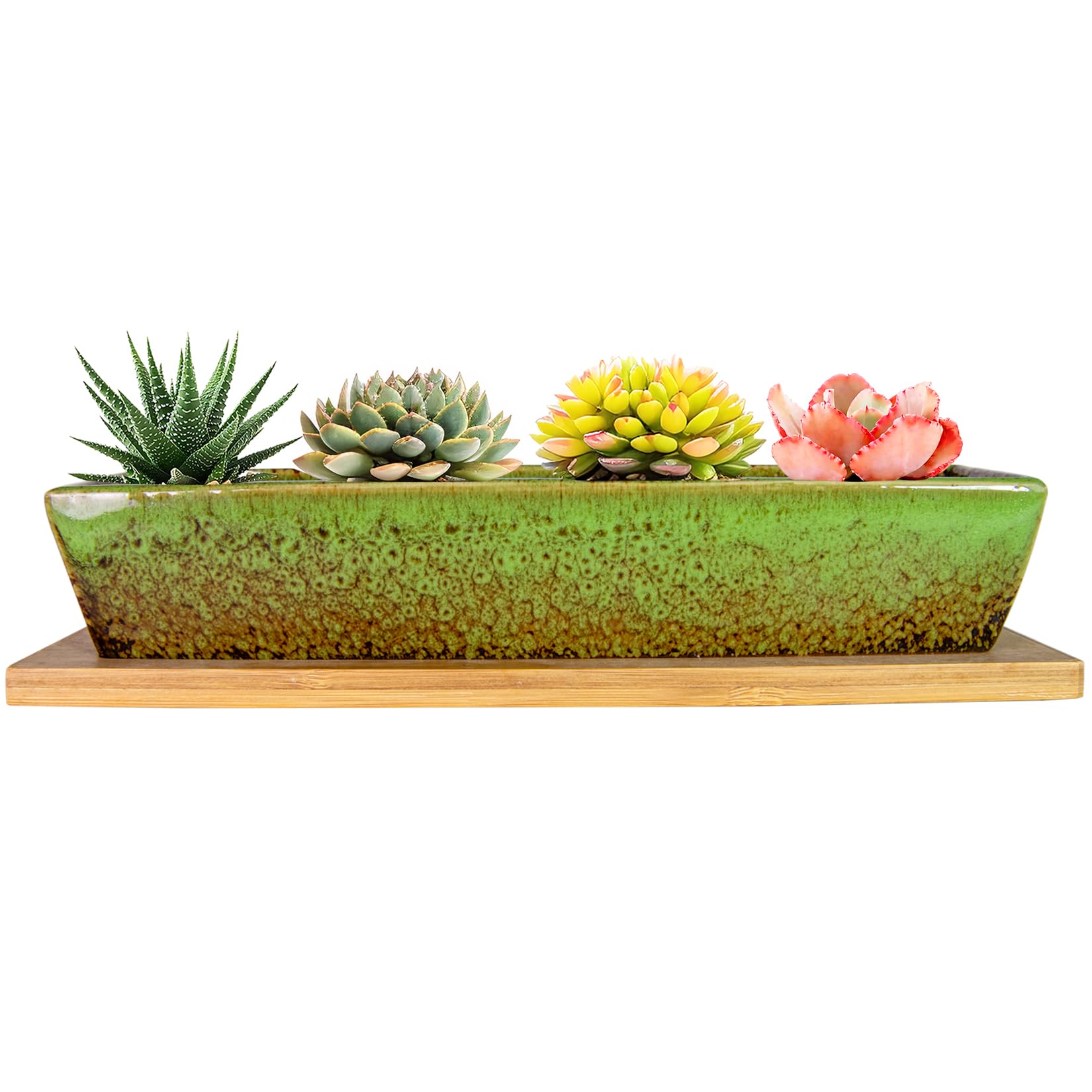 ARTKETTY Succulent Plant Pot - 25 CM Long Rectangle Planters with Drainage Tray, Large Ceramic Pot for Indoor Cactus Flower Plants, Shallow Window Box for Home Decor