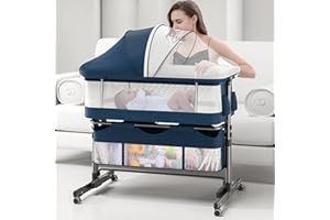 INFANT MASTER 3 in 1 Baby Bassinet, Upgraded Beside Crib with 360° Highly Visible Mesh wall, Comfy Co-sleeper Bassinet with mattress, 5 Level Adjustable Height, Foldable & Portable BabyTravel Crib for Newborn, Blue