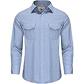 Dctop Men's Denim Western Cowboy Pearl Snap Long Sleeve Casual Button Down Up Soild Work Shirts