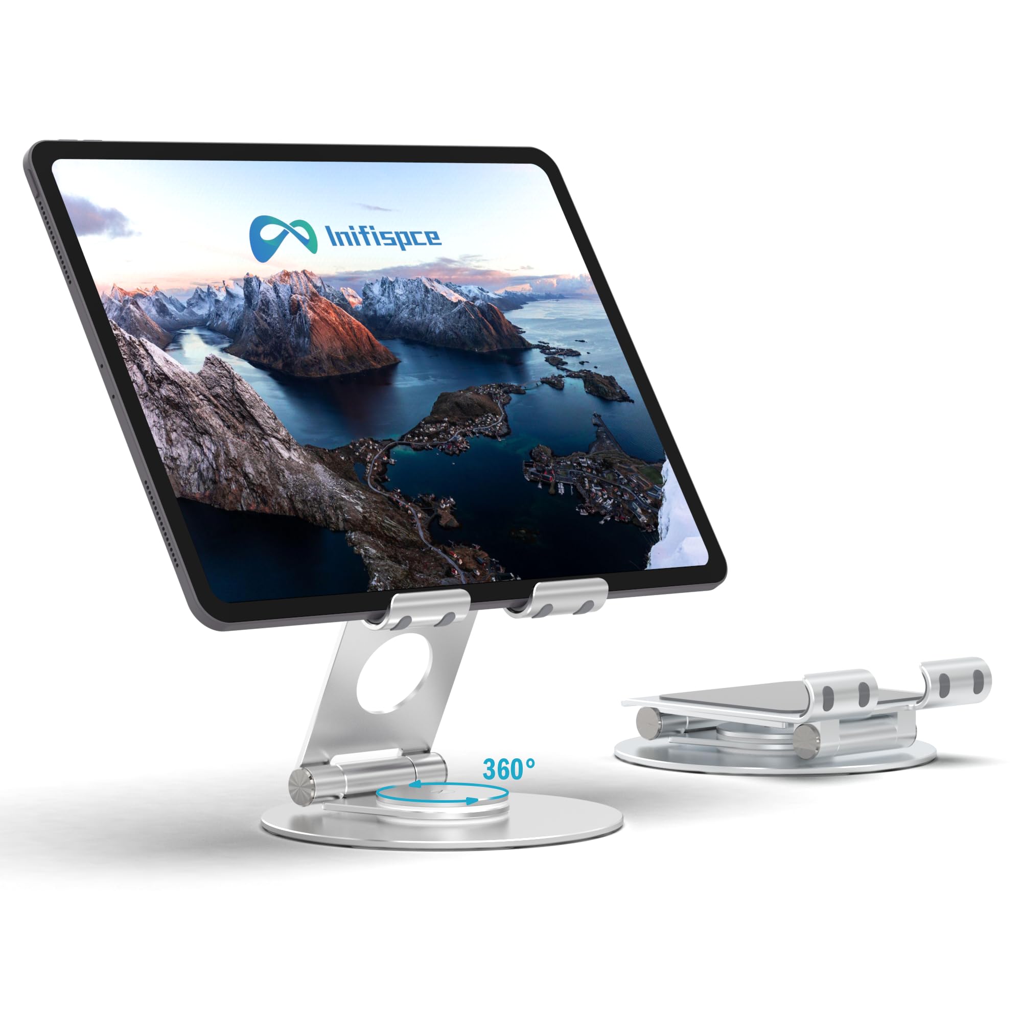 Swivel Tablet Stand, Aluminum Portable 360°Rotating Adjustable Tablet Holder for All 4-12.9’’ iPad Surface Samsung Phone Tablet Kindle E-Reader and More(Silver)