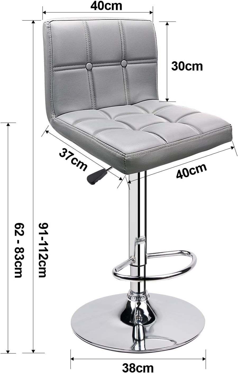 Leader Accessories Bar Stools (2/Set) Adjustable Bar Chairs Breakfast Dining Stools for Kitchen Island Counter PU Leather Double Stitching Square Back with decoration (Light Grey) - Image 3
