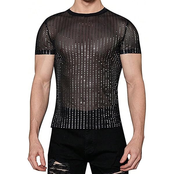 WDIRARA Men's Mesh See Through Tee Notched V Neck Long Sleeve Slim