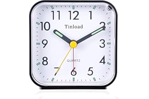 Tinload Small Battery Operated Analog Travel Alarm Clock Silent Non Ticking, Gentle Wake, Ascending Beep Sounds, Snooze,Lighted on Demand, Easy Set(Black)