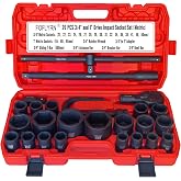 FOFLYRN 3/4" and 1" Drive Impact Socket Set, 26-Piece,Metric 21-65mm. | 6-Point Sockets,Cr-Mo Steel,Heavy Duty Jumbo Deep, with Ratchet Wrench,Adapter,Sliding Bar,Extension Bar and Storage Case.