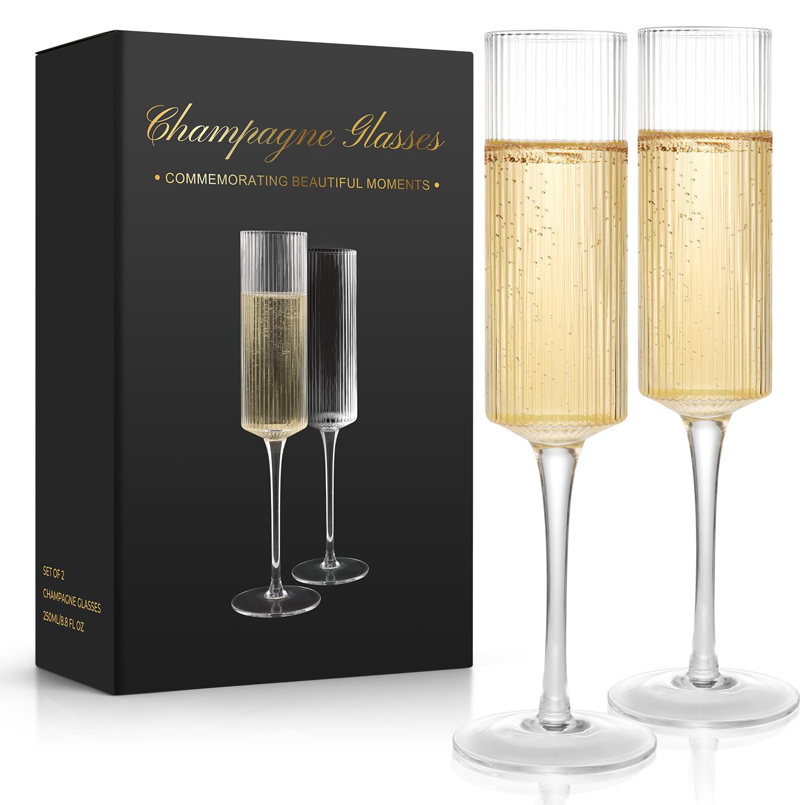 Qulable Champagne Flutes Set of 2 - Elegant Champagne Glasses for Champagne, Prosecco, Wedding Gift, Engagement Gifts for Women, 250ml Vertical Stripe Glasses for Anniversary, Christmas (2, Pinstripe)