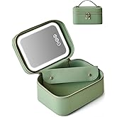Popvibe Travel Vanity Case with Mirror and Light, Compact Traveling Makeup Bag Set with Brush Holder, Sage Green Leather Cosmetic Case Lighted Up Makeup Vanity Bag Portable Make Up Box Train Case Cute