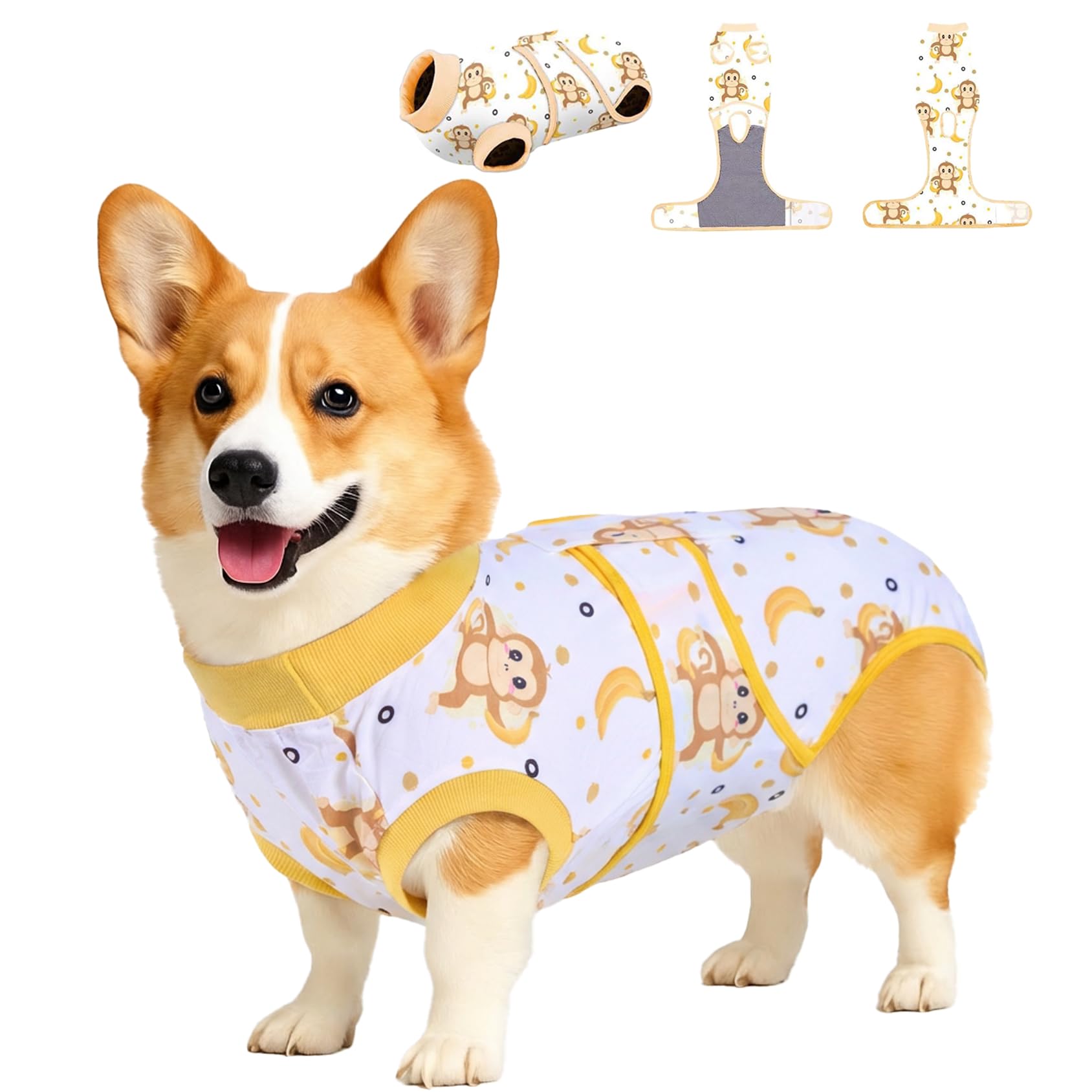 PetWarm Dog Surgery Recovery Suit Male, Recovery Suit for Dogs After Surgery, Collars and Cones Alternative Dog Abdominal Wounds Bandages, Onesies for Dogs, Monkey Pattern, Yellow, S