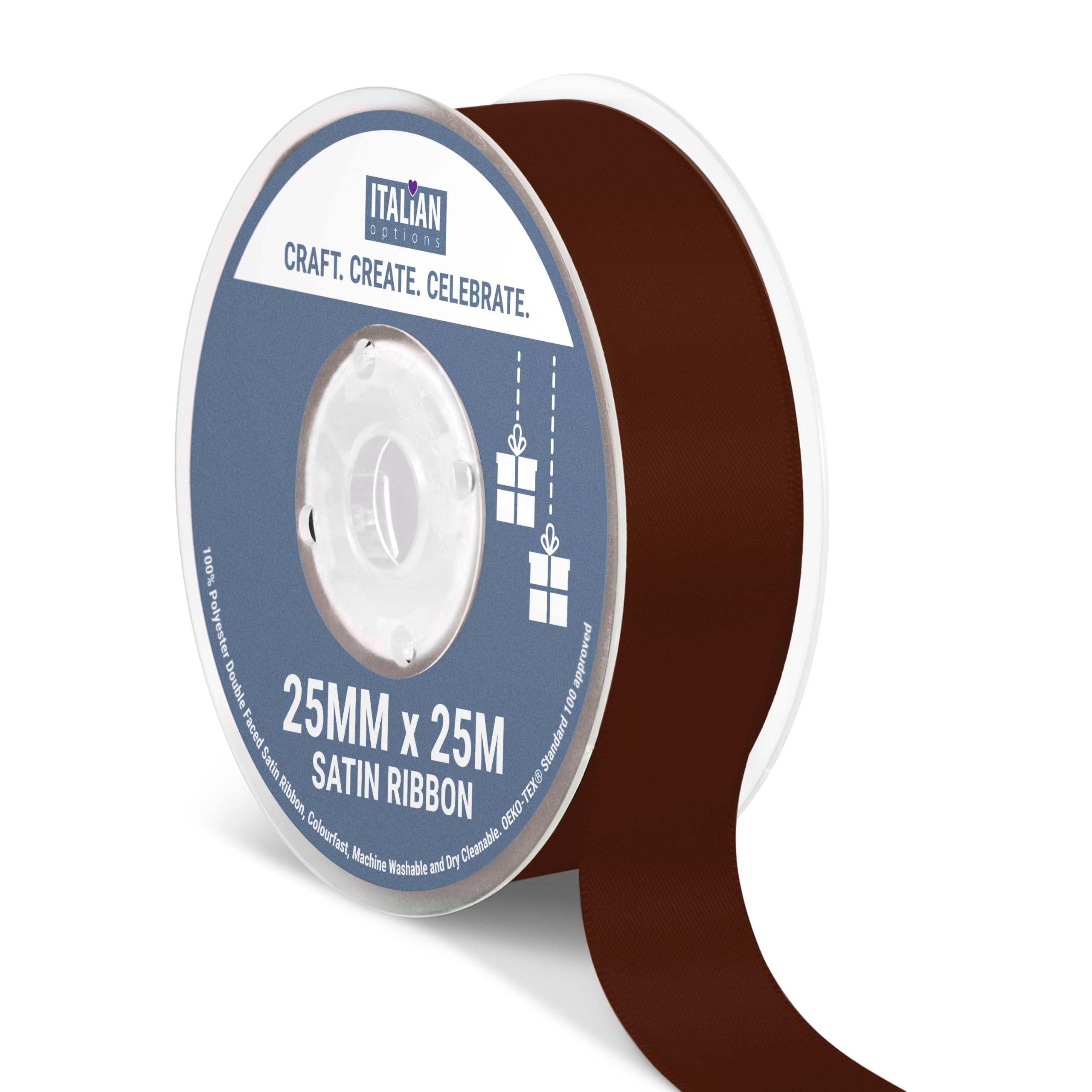 Italian Options Satin Ribbon, Fabric Ribbons for Gift Wrapping, Crafting, Balloons, Wedding Car, Presents, Cake, Christmas, Birthday, Gift Wrap Accessories, 25mm Wide x 25 Metre Roll, Brown