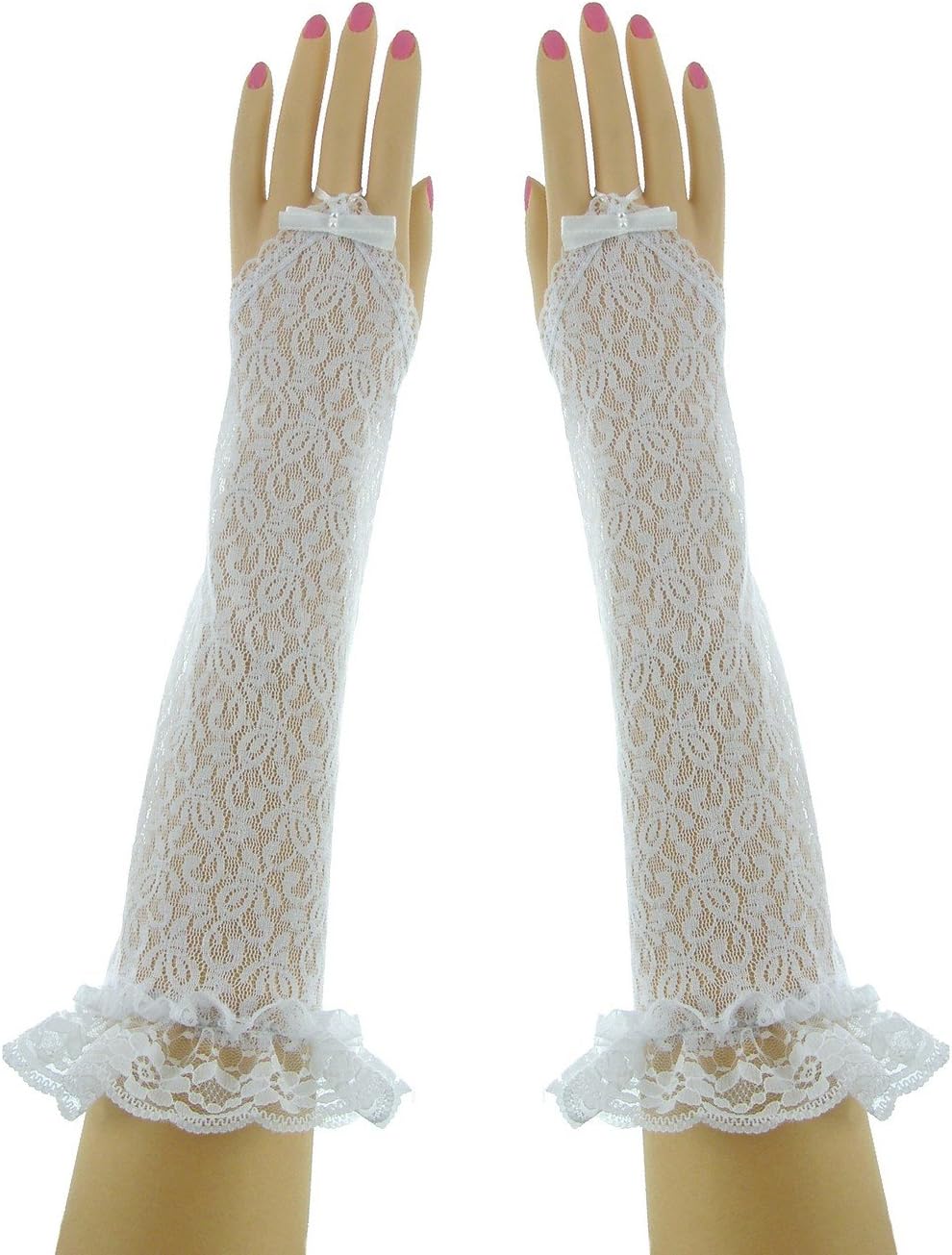 Elbow Length Scalloped Edge Lace Fingerless Stretchy Nylon Bridal Gloves