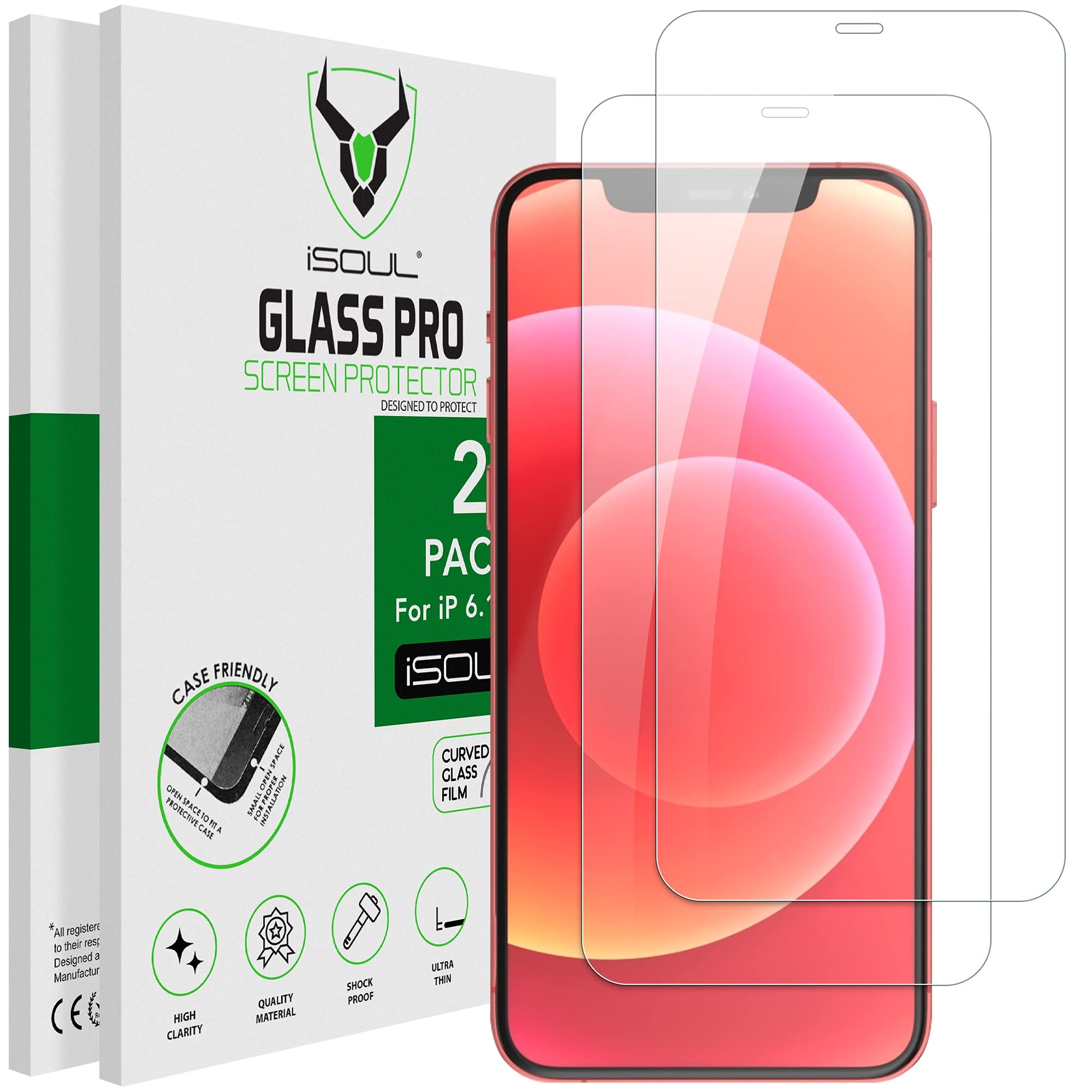 iSOUL Screen Protector Compatible With iPhone 12/12 Pro 6.1 Inch, Tempered Glass HD Film, 2-Pack