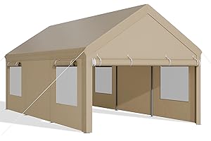JAMFLY Carport, 10x18.5 ft Heavy Duty Carport Canopy with Roll-up Windows, Portable Garage with Removable Sidewalls & Doors, Car Canopy with All-Season Tarp for Car, Truck, Boat