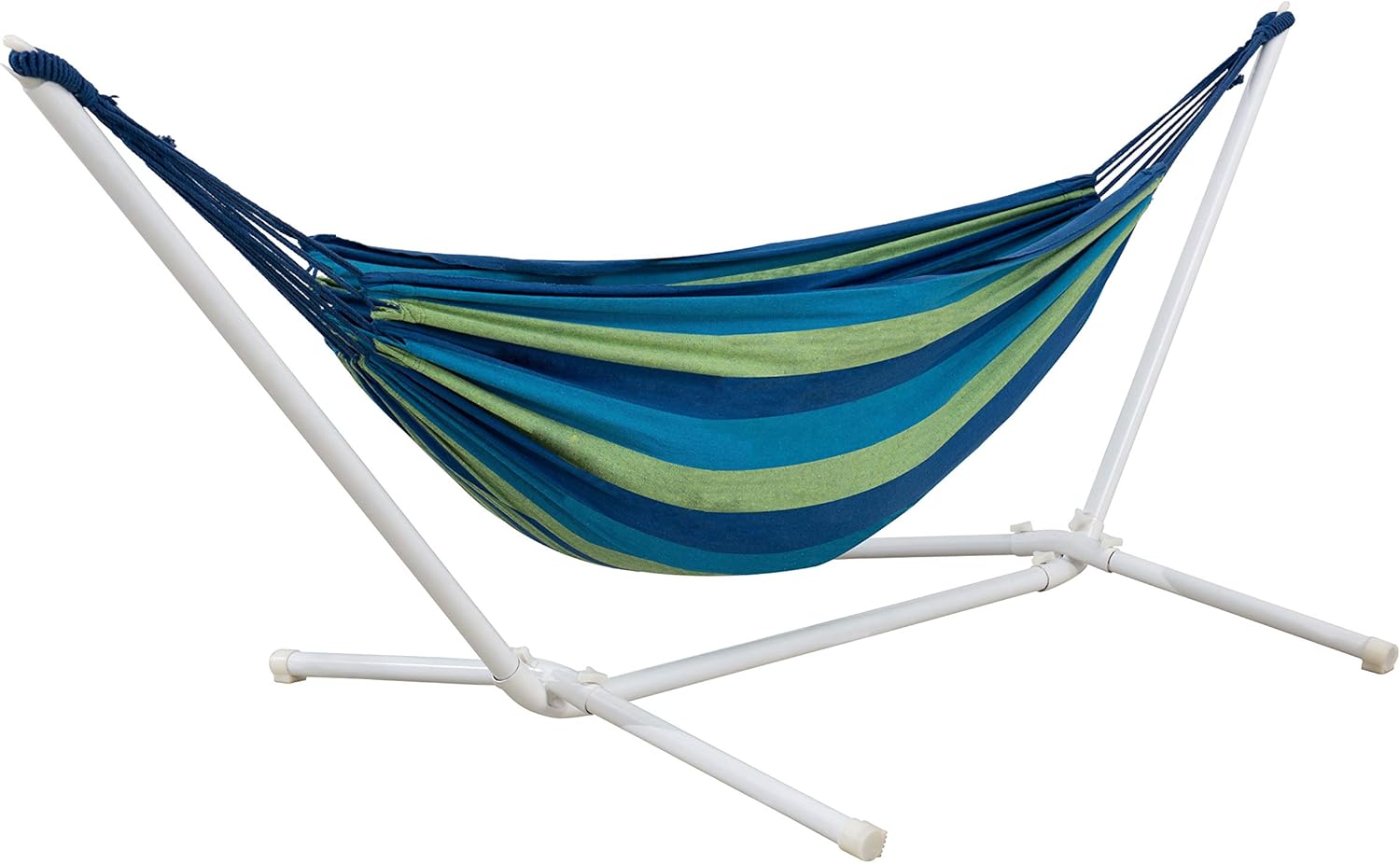  Basics Polycotton Double Hammock with White Easy Assembly Powder-Coated Steel Stand - Blue and Green Stripe : Garden & Outdoor