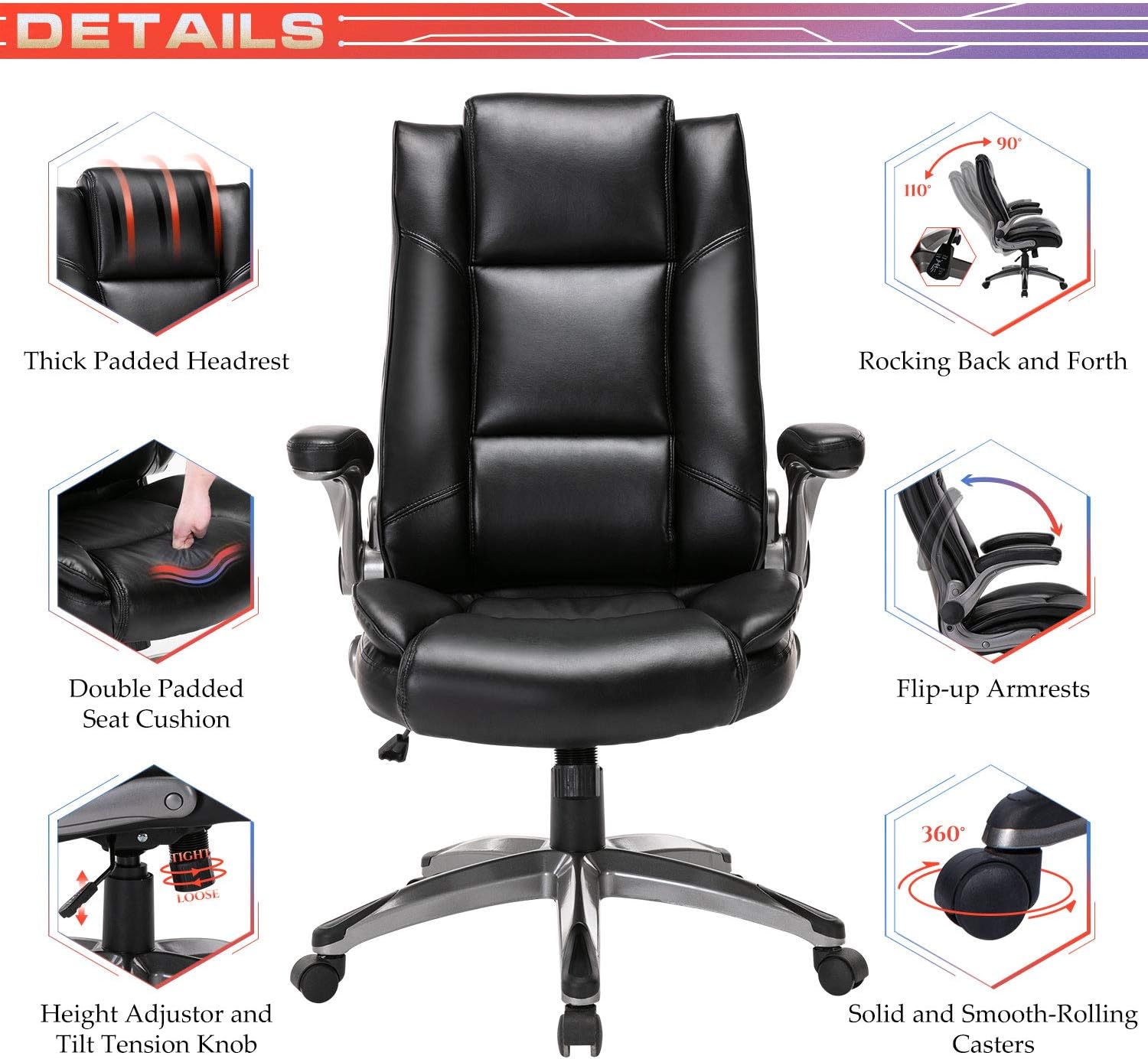Office Chair High Back Leather Executive Computer Desk Chair - Flip-up Arms and Adjustable Tilt Angle Swivel Chair Thick Padding for Comfort and Ergonomic Design for Lumbar Support: Office Products