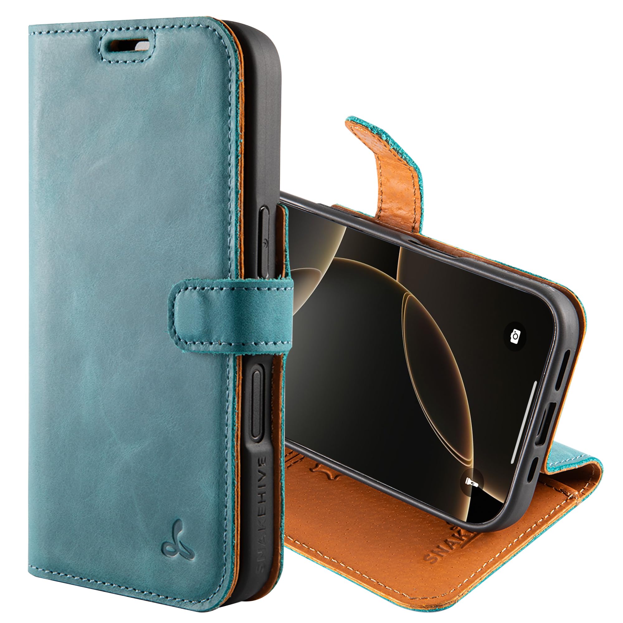 Snakehive Leather Wallet for iPhone 16 - Real Leather Wallet Phone Case with Viewing Stand and Card Holder - Flip Folio Cover with Card Slots (Teal) — image 1
