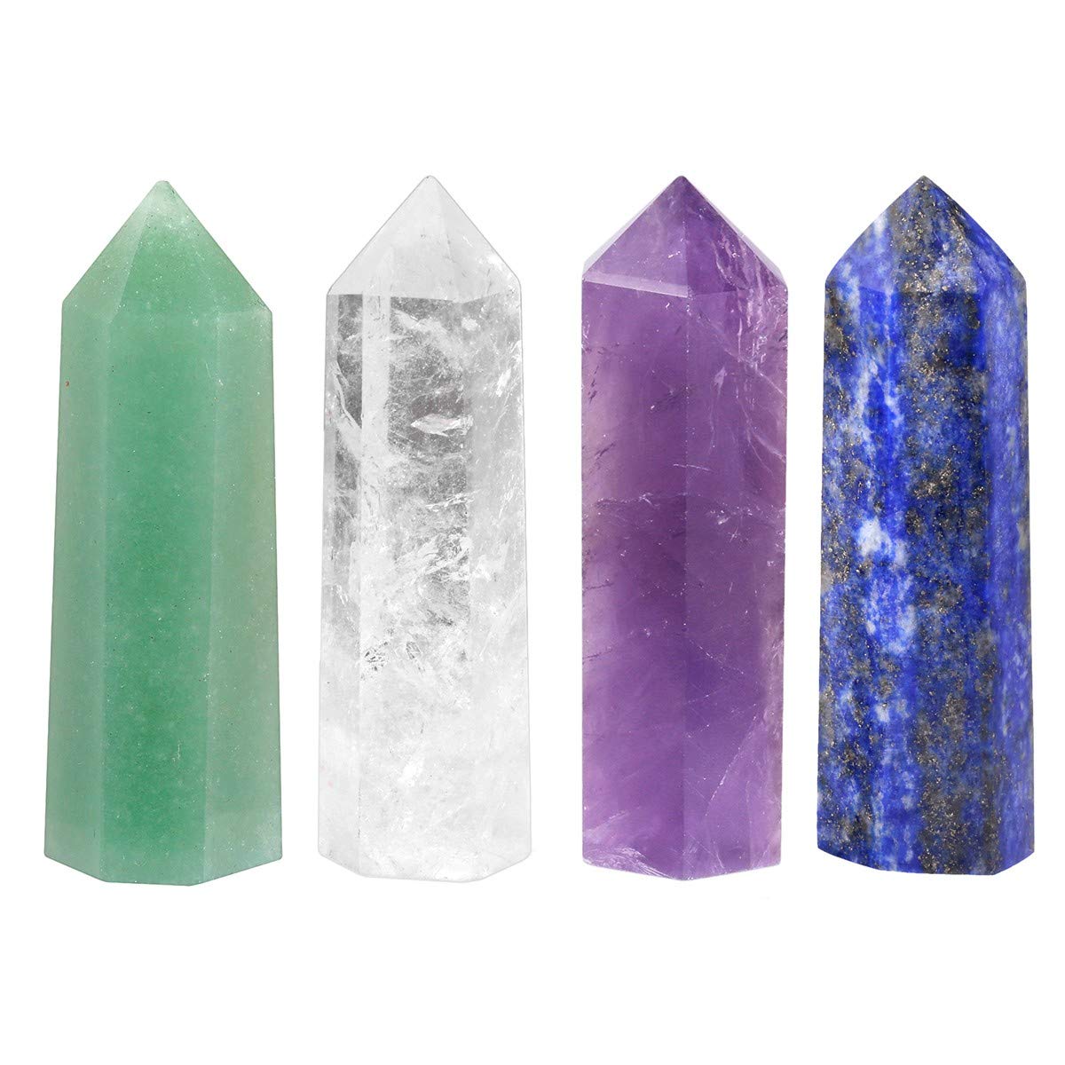mookaitedecor Natural Healing Crystal Wands Set of 4, Quartz Crystal Stone Hexagonal Point for Chakra Meditation Wiccan Witchcraft Decor Gift, Amethyst & Lapis Lazuli & Clear Quartz & Green Aventurine