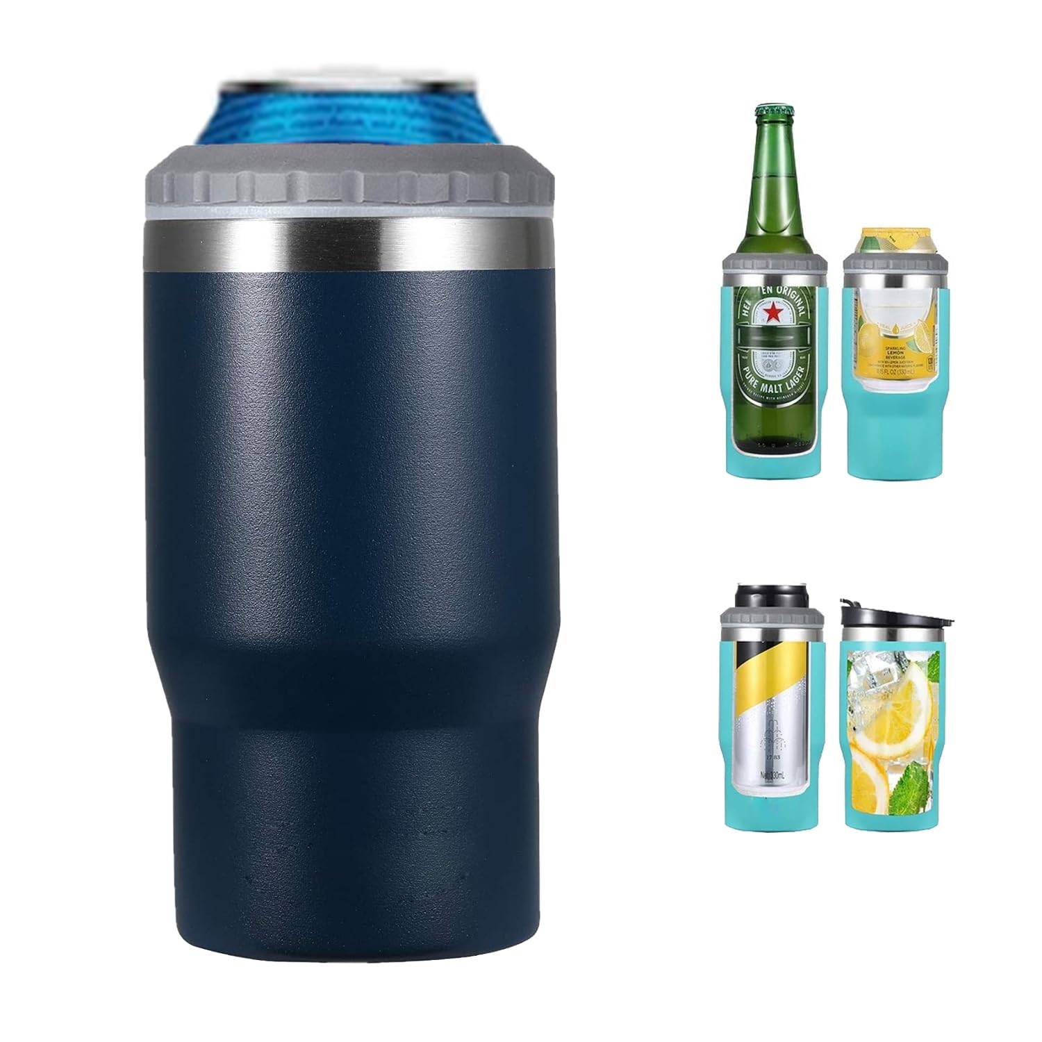 Gteller 4 in 1 Stainless Steel Can/Bottle Insulator, 14oz Two-Way Lids SUS Insulated Can Cooler, Beer Bottle holder (Dark blue)