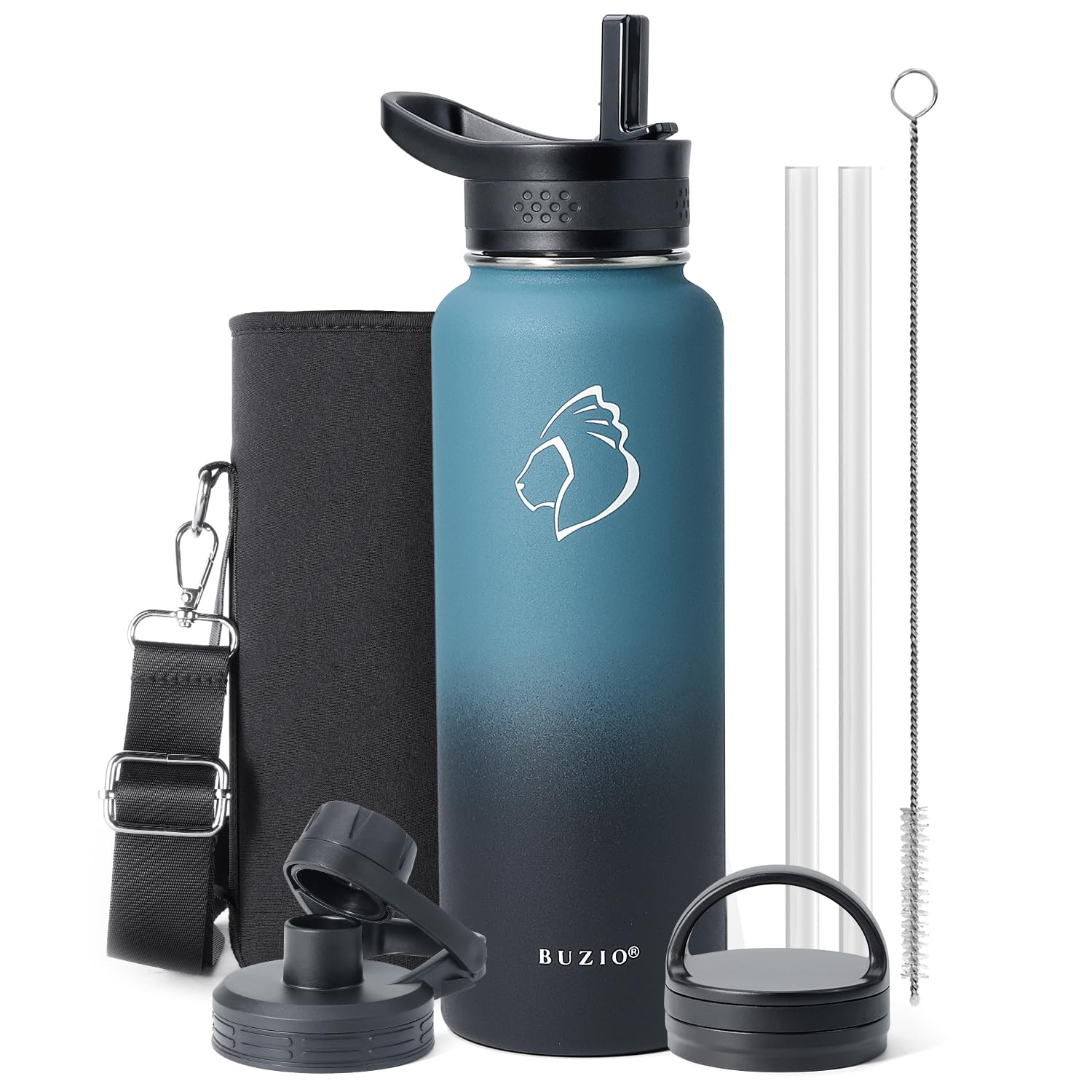 Stainless Steel Insulated Water Bottle 1180ml, BUZIO Insulated Water Bottle with Straw Canteen Metal Thermo Mug Hydro Cup Jug Double Vacuum Hot Cold Water Bottles with Carrying Pouch, Indigo Crush