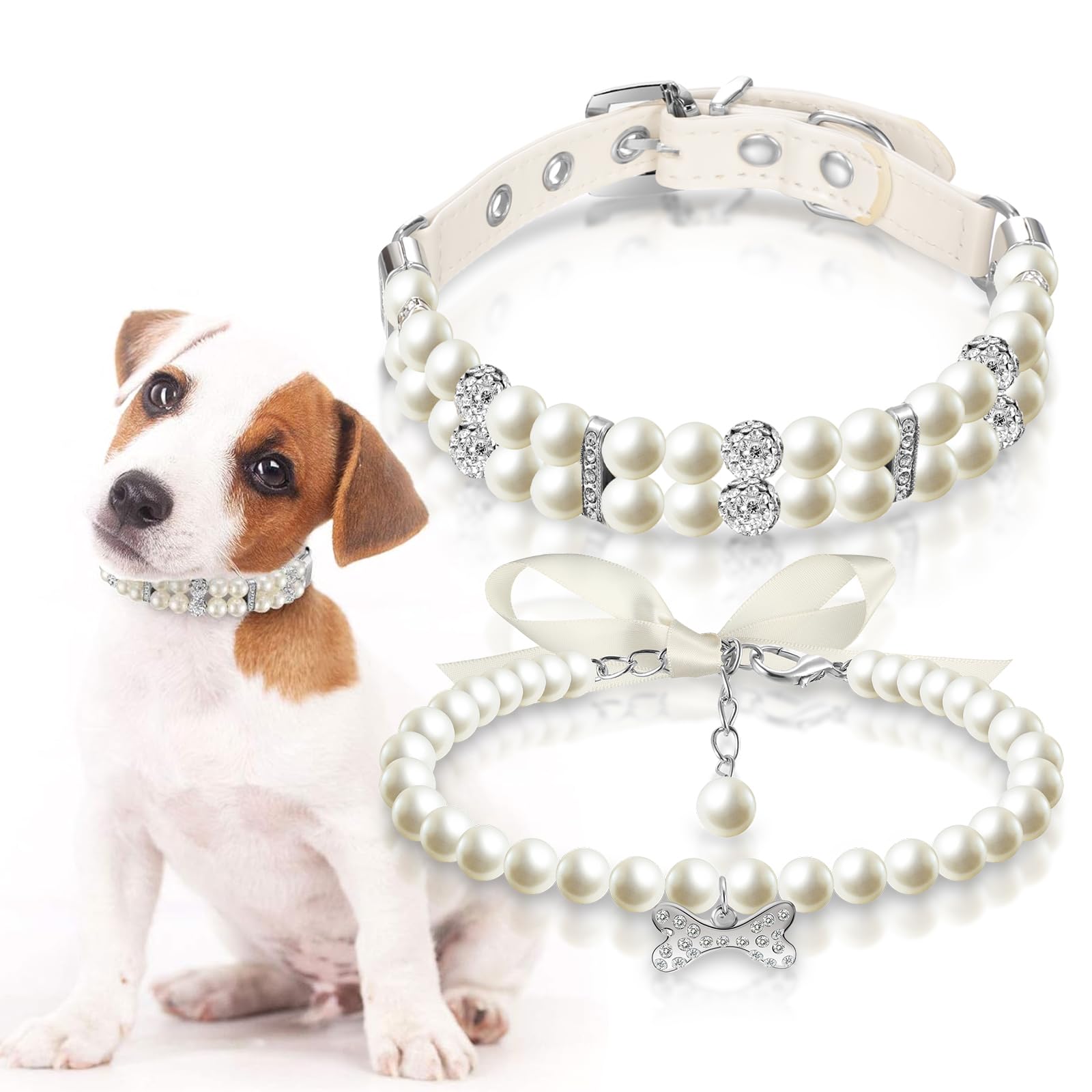 Hicarer 2 Pcs Small Dog Cat Pearl Collars and Pearl Necklace Set Cute Pet PU Leather Collars Necklace with Crystal Rhinestone for Dogs Cats Puppy Kitten Party Wedding Birthday(White,L)