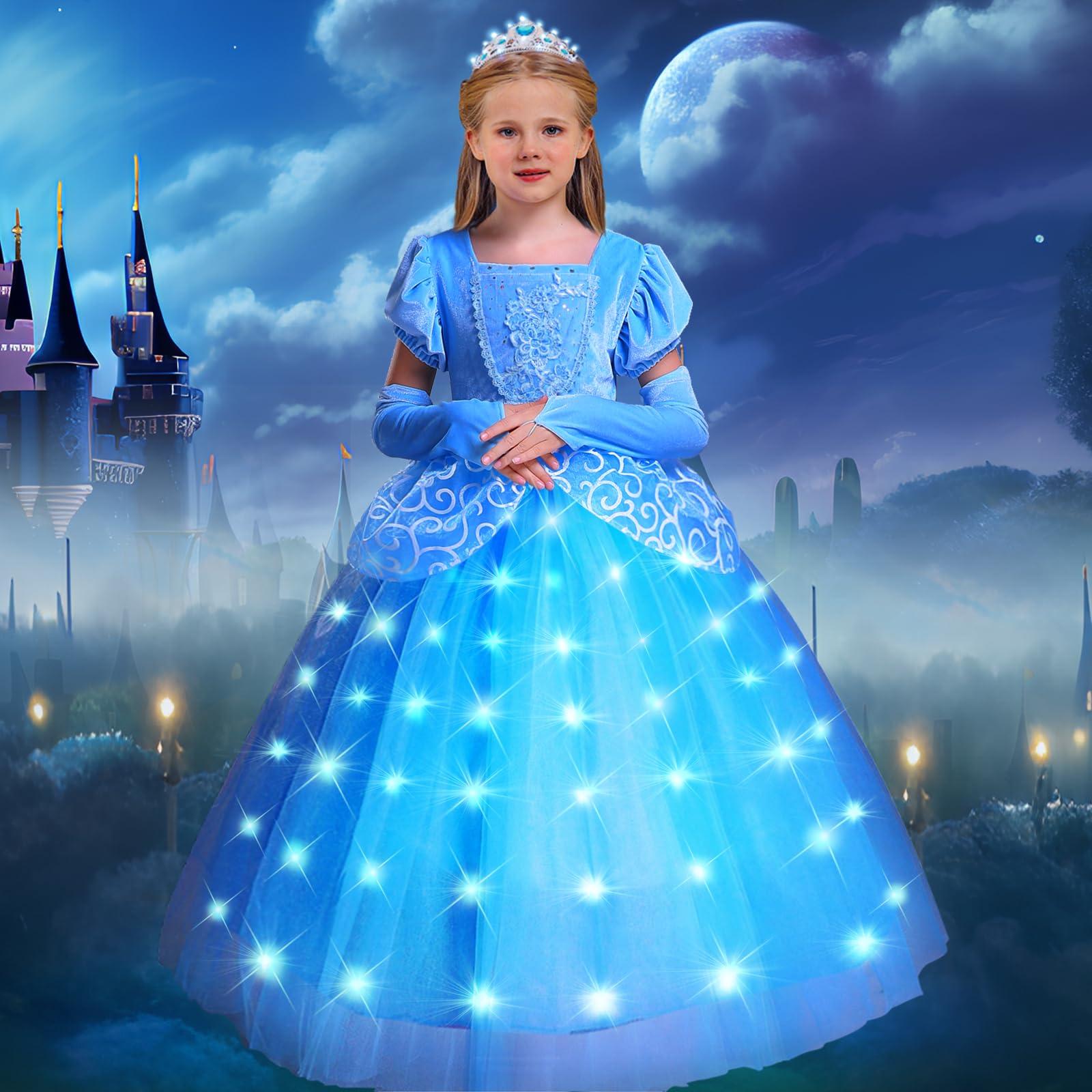 VIPten Light Up Princess Dress Girls Toddler Blue Princess Costume Children's Halloween Cosplay Princess Dress (Blue with accessories, 4-5 Years)
