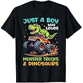 Just A Boy Who Loves Monster Trucks and Dinosaurs T-Rex T-Shirt