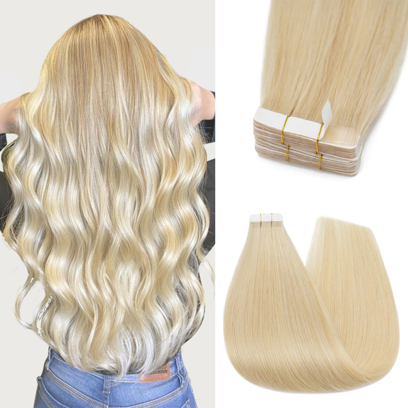 Silk-co 12"-24" Tape in Hair Extensions 100% Real Remy Straight Human Hair Extension 10Pcs Straight Skin Weft Seamless (22inch #613 Bleach Blonde)