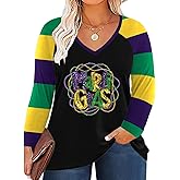 QAUN Plus Size Mardi Gras Shirt: Fat Tuesday Carnival Vneck Tshirt Carnival Outfit Long Sleeve Tops
