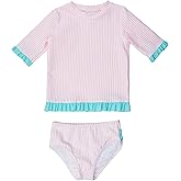 RuffleButts Baby/Toddler Girls UPF50+ Sun Protection Seersucker Short Sleeve Ruffle Rash Guard Bikini - Pink, 2T
