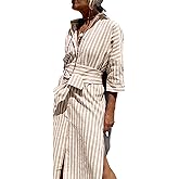 utcoco Womens 2026 Shirt Dress Casual Lapel 3/4 Sleeve Button Down Split Belted Vacation Maxi Dress