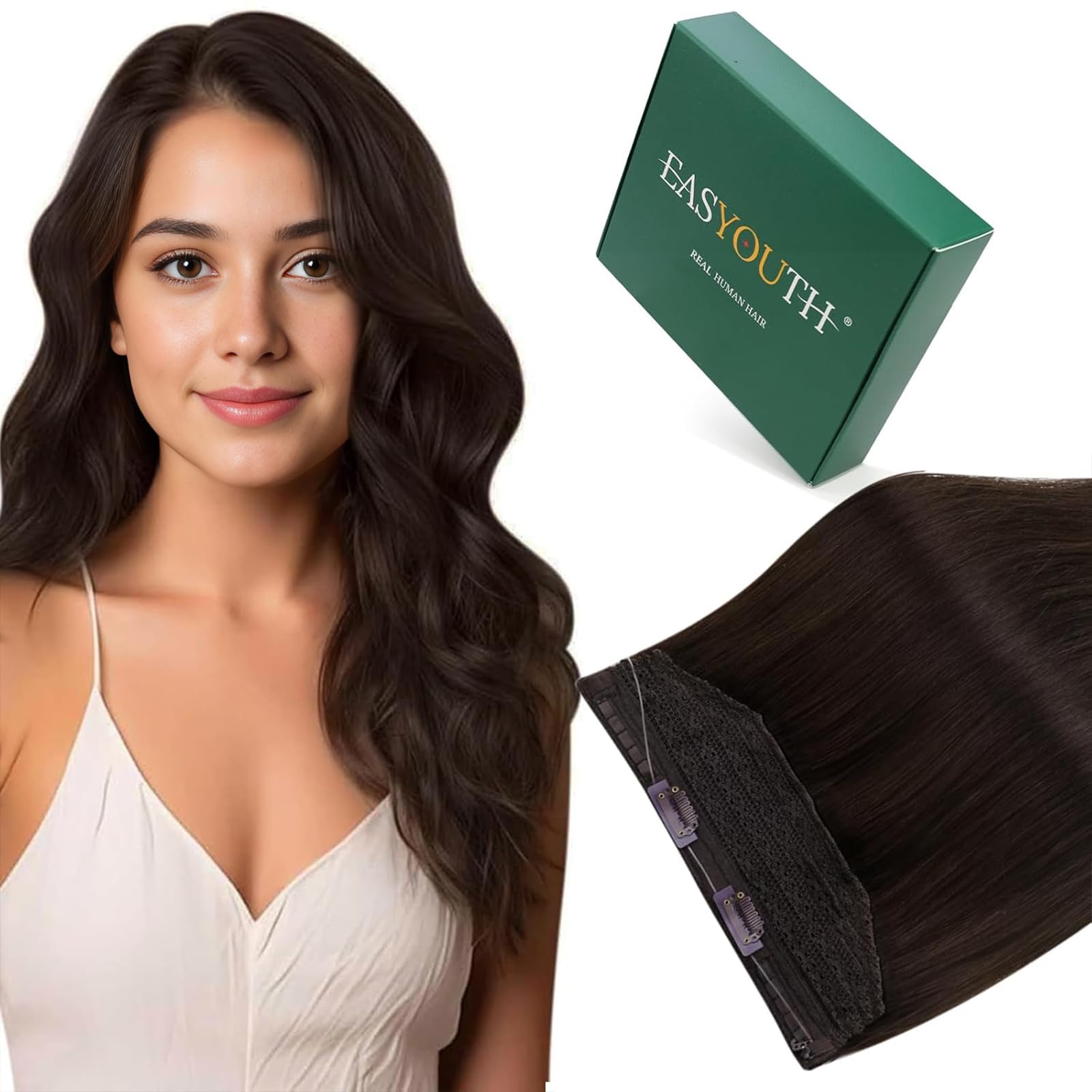 Easyouth Wire Hair Extensions Real Human Hair Brown Wire Extension Human Hair One Piece Fish Line Hair Extensions Darkest Brown Long Straight 20Inch 100g #2