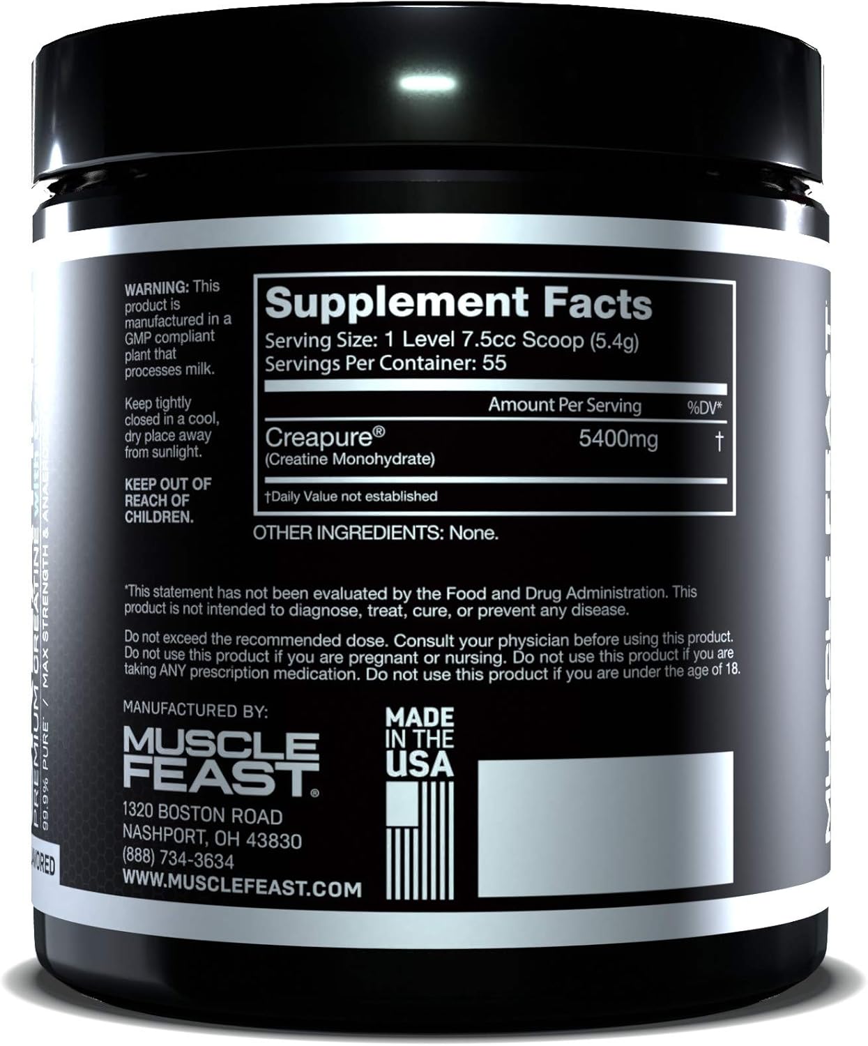 MUSCLE FEAST Creapure Creatine Monohydrate Powder | Premium Pre-Workout or Post-Workout | Easy to Mix, Gluten-Free, Safe and Pure, Kosher Certified (300g, Unflavored): Health & Personal Care