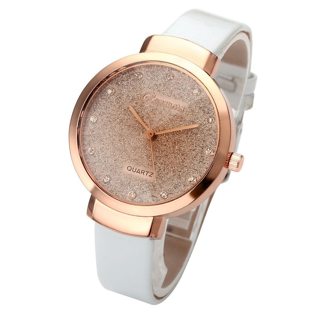 JSDDE Uhren,Elegante Damen Armbanduhr Braunglas Glitzer Dial XS Slim PU Leder-Band Ladies Dress Analog Quarzuhr,Weiss