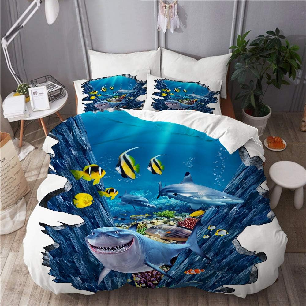 MIGAGA Duvet Cover Set, Shark Giant Shark Cartoon Teeth Underwater World, Decorative 3 Piece Bedding Set with 2 Pillow Shams