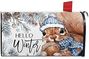 FBCOO Hello Winter Squirrel Mailbox Cover Magnetic Standard Size 21" x 19", Acorn Pine Cone Pine Needle Decorative Post Letter Box Wrap Decor, Christmas Red Berry Garden Yard Outdoor Decoration