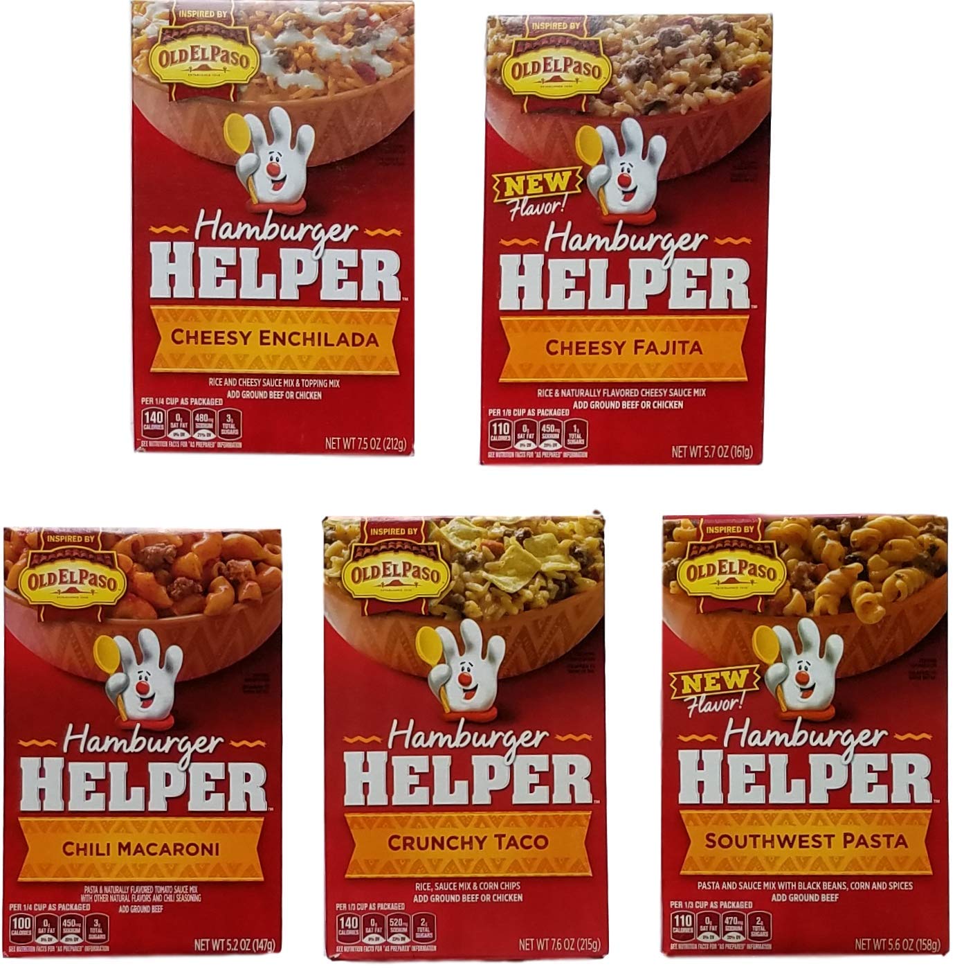 Hamburger Helper Tex-Mex Variety Bundle of 5 - Cheesy Enchilada, Cheesy Fajita, Chili Macaroni, Crunchy Taco, Southwest Pasta