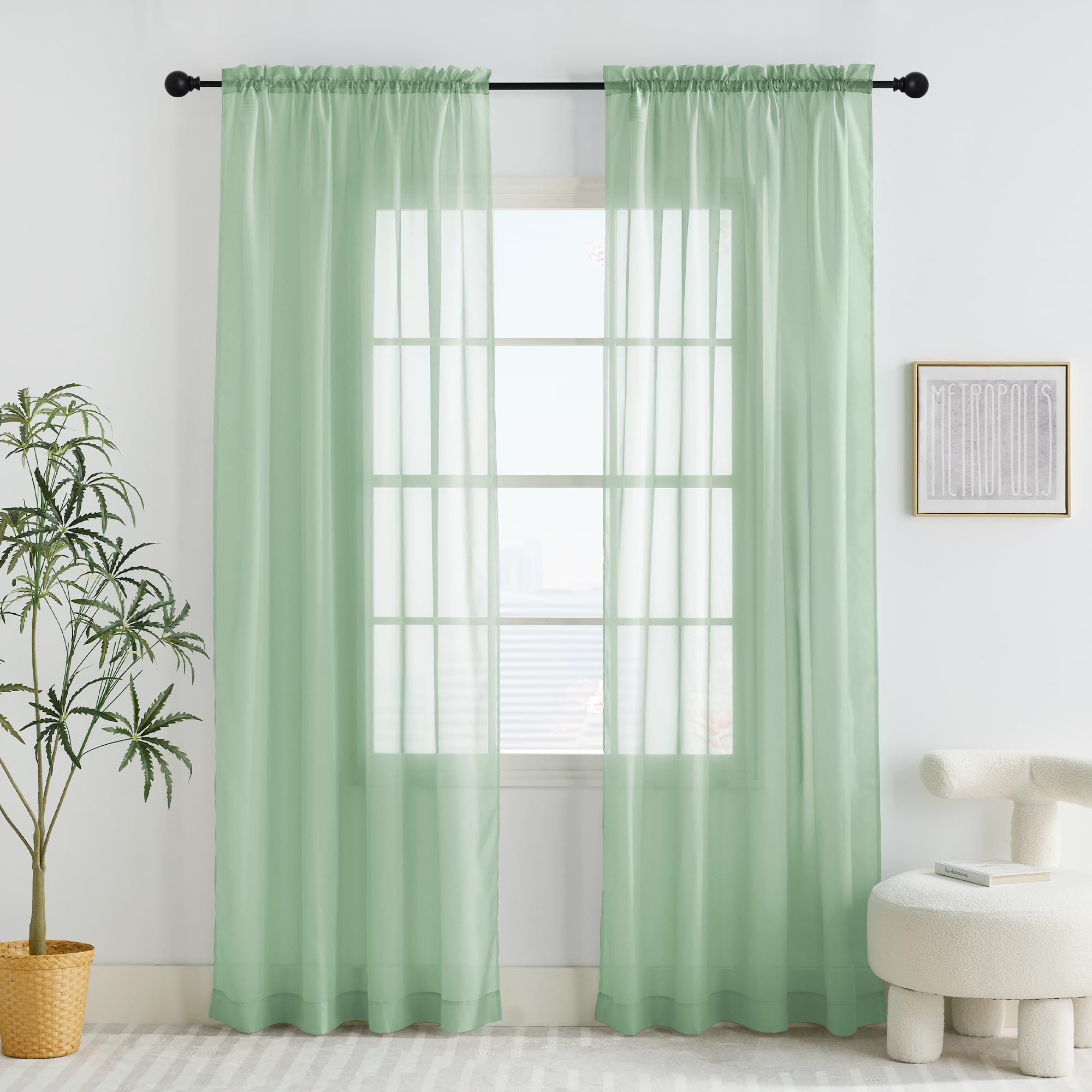 PONY DANCE Sage Green Voile Curtains 60x84 inches - Bedroom/Living Room Window Net Curtains Semi Transparent Voile Sheer Panels Slot Top for Living Room Divider/Nursery Decoration, 2 Panels