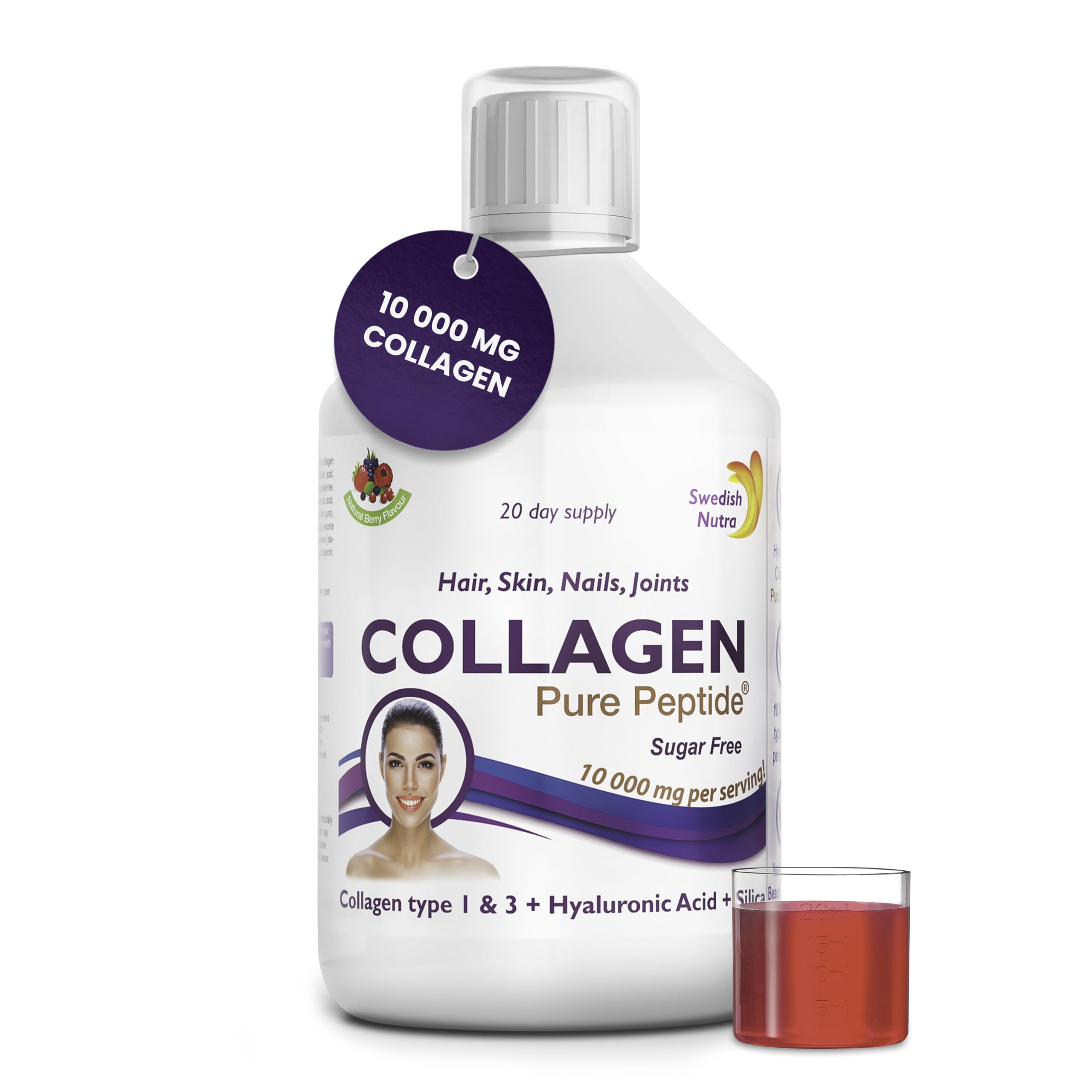 Swedish Nutra Liquid Bovine Collagen - Pack of 500ml, 20 Day Supply | Sugar Free Berry Flavour | Minimize Fine Lines, Wrinkles & Improve Skin Elasticity | 100% Natural Flavour | High Absorption Rate