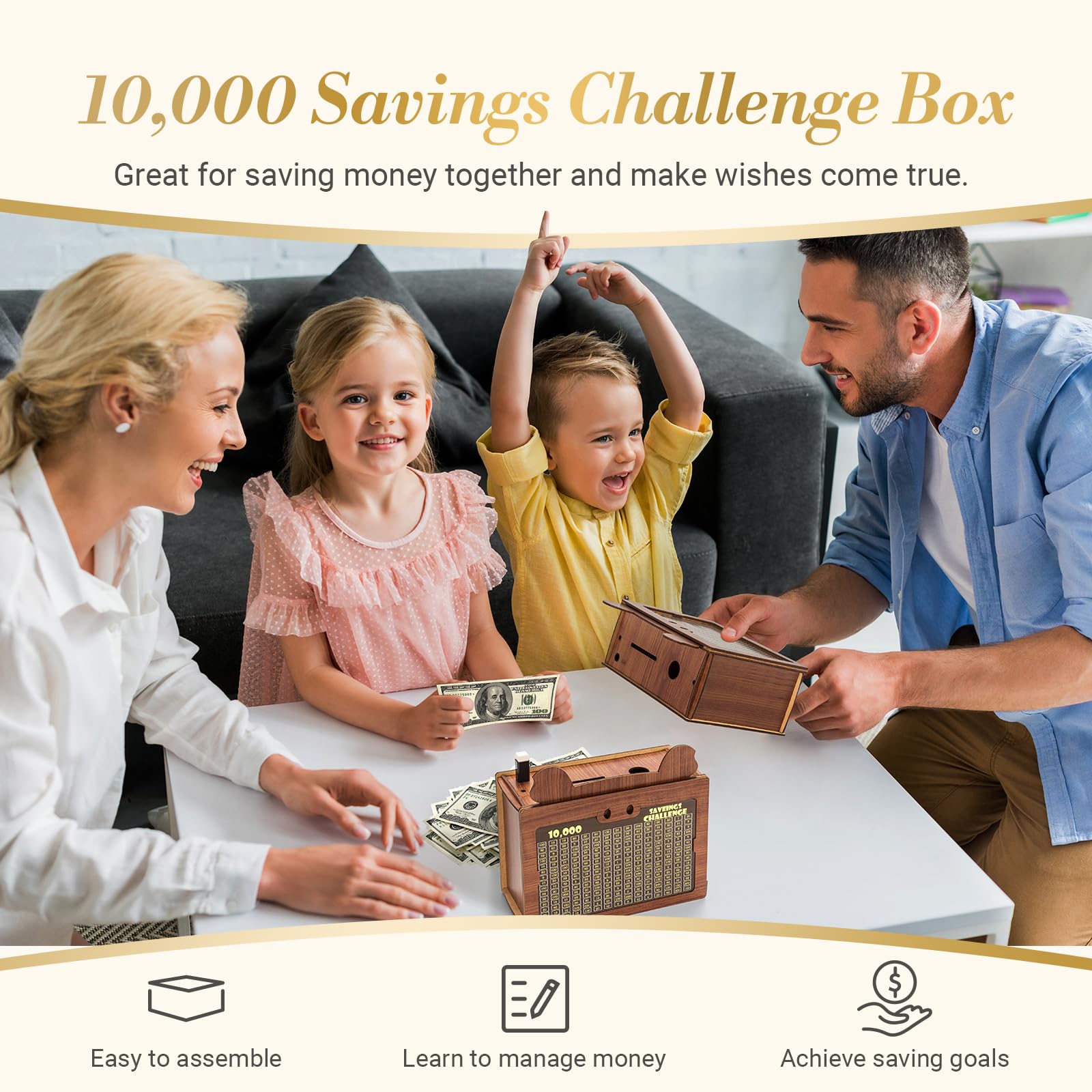 Marycele Money Saving Box, 10000 Wooden Piggy Bank for Adults Kids, Coin Cash Box Gifts Toys for Ages 8-13, Reusable Kakaibo Money Box for Kids Birthday Gifts Boys Girls Adults Challenge （5 Amounts）