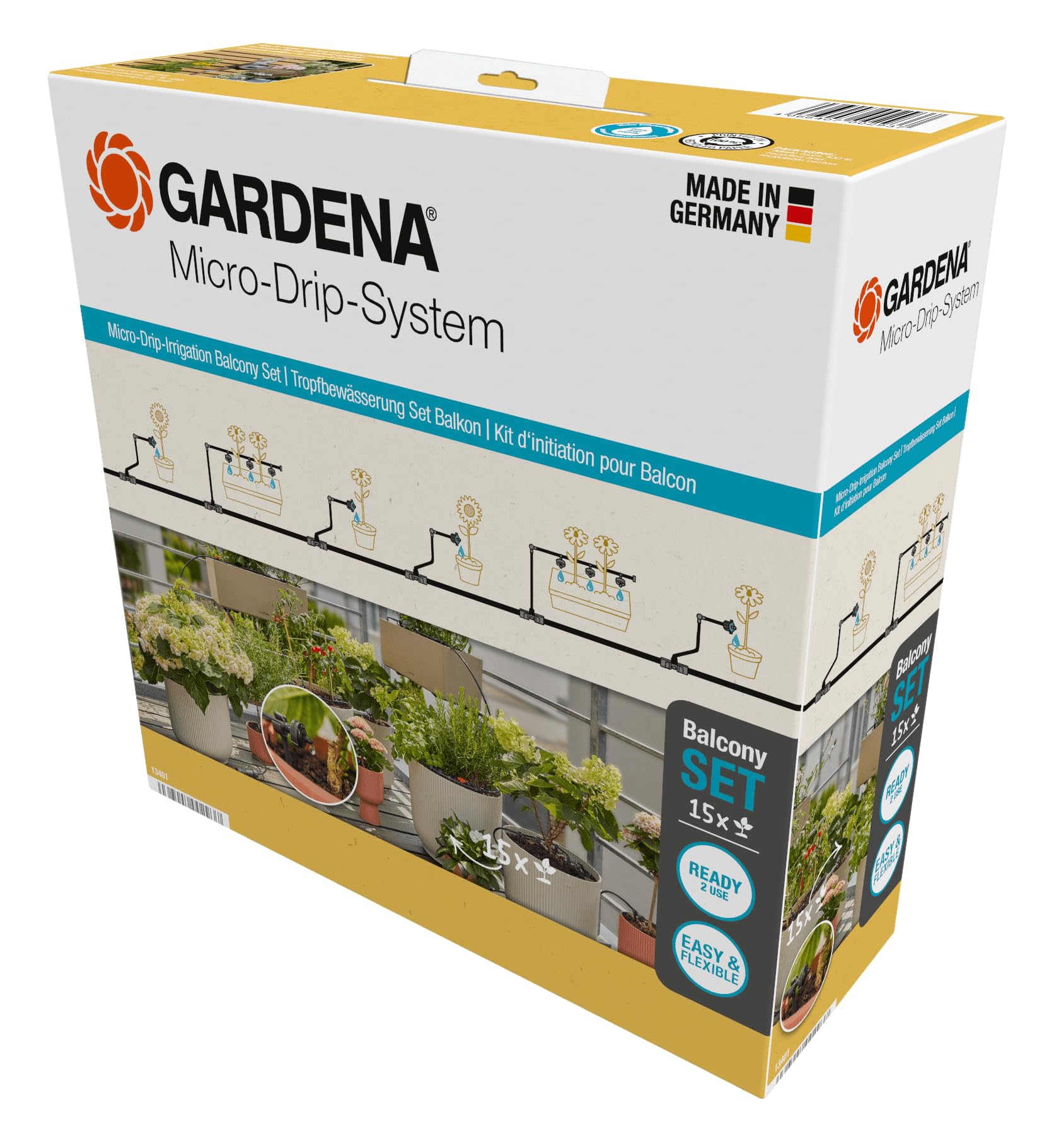 Gardena Micro-Drip-System Drip Irrigation Set Balcony (15 plants): Starter set, ready to use, water-saving irrigation system, simple & flexible connection technology (13401-20)