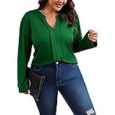 Angelips Women's Plus Size Tops V Neck Pleated Front Shirts Trendy Casual Business Tunic Long Sleeves Fall Blouse