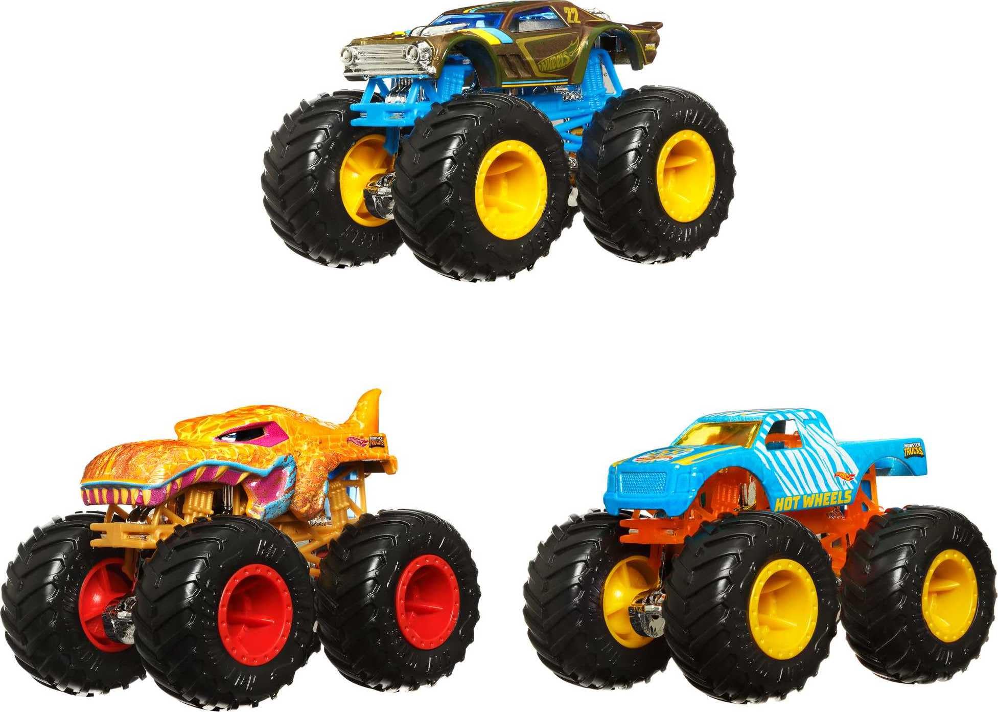 Hot Wheels Monster Trucks 1:64 Color Shifters, 3-Pack of Toy Trucks that Change Decos in Ice Cold Water & Change Back in Warm Water, Toy for Kids, HGX20