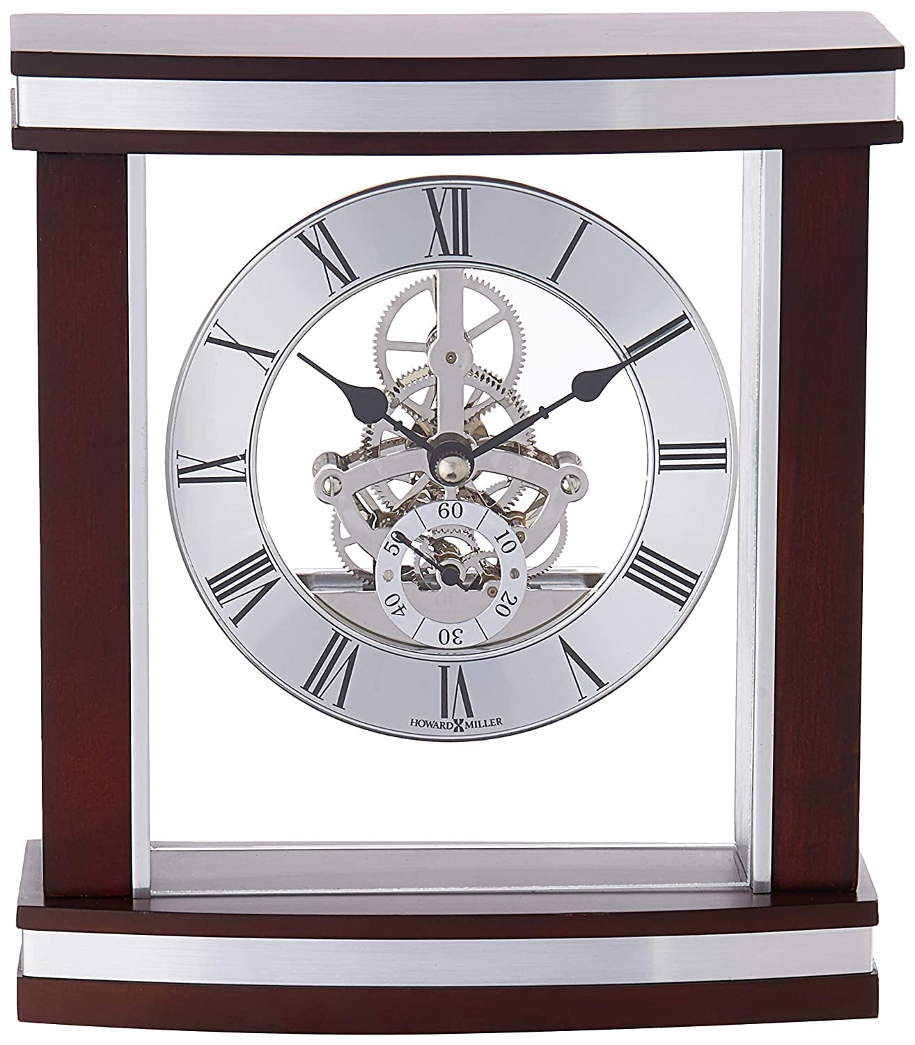 Howard Miller Templeton Table Clock 645-673 – Satin Rosewood Home Decor, Curved Front & Silver Accents with Quartz, Skeleton Movement
