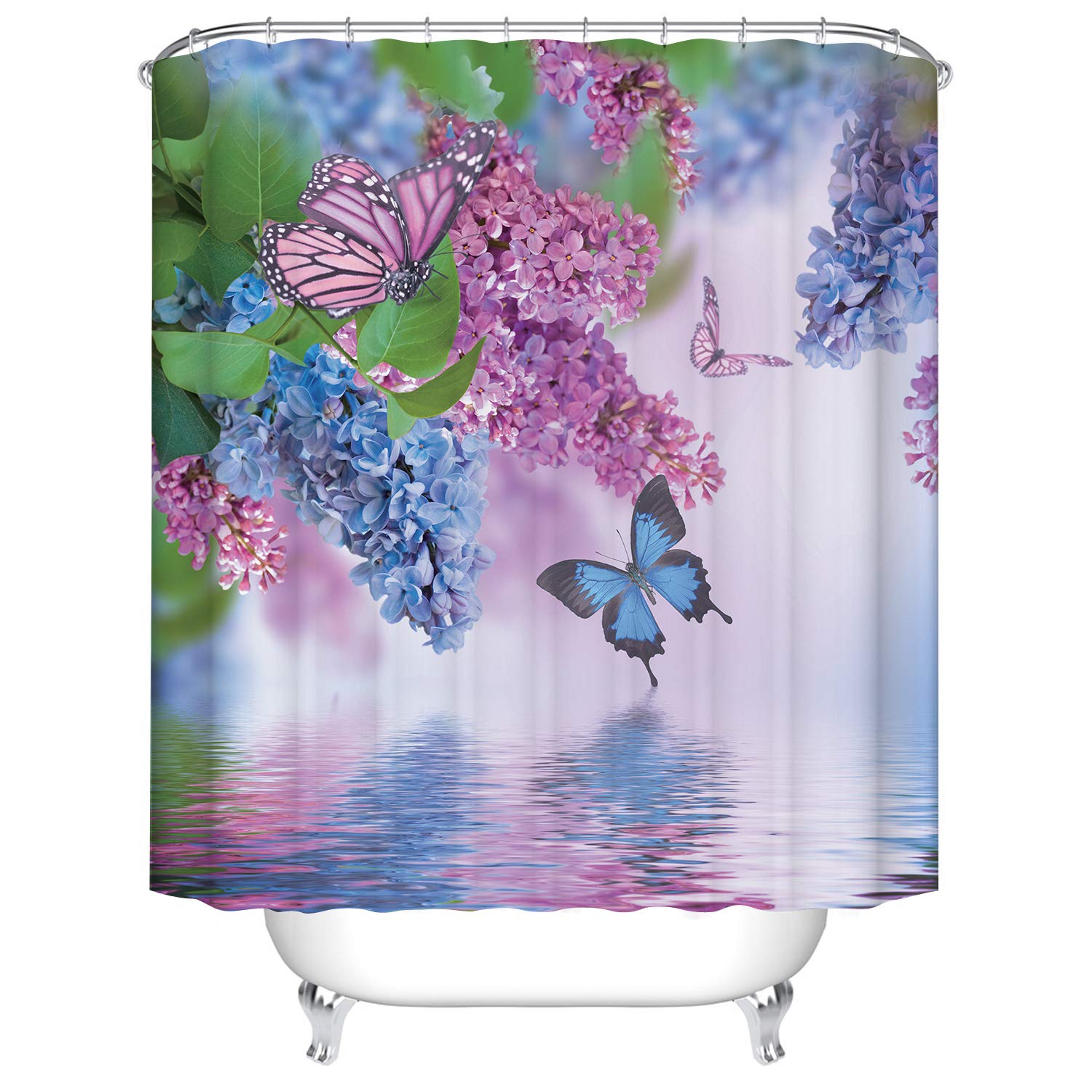 通用 Spring Blue Purple Lilac Butterfly Shower Curtain, Nature Water Flower Branch Green Leaf Waterproof Curtain for Home Hotel Bath Bathtub Window Art Decor 180 * 180cm